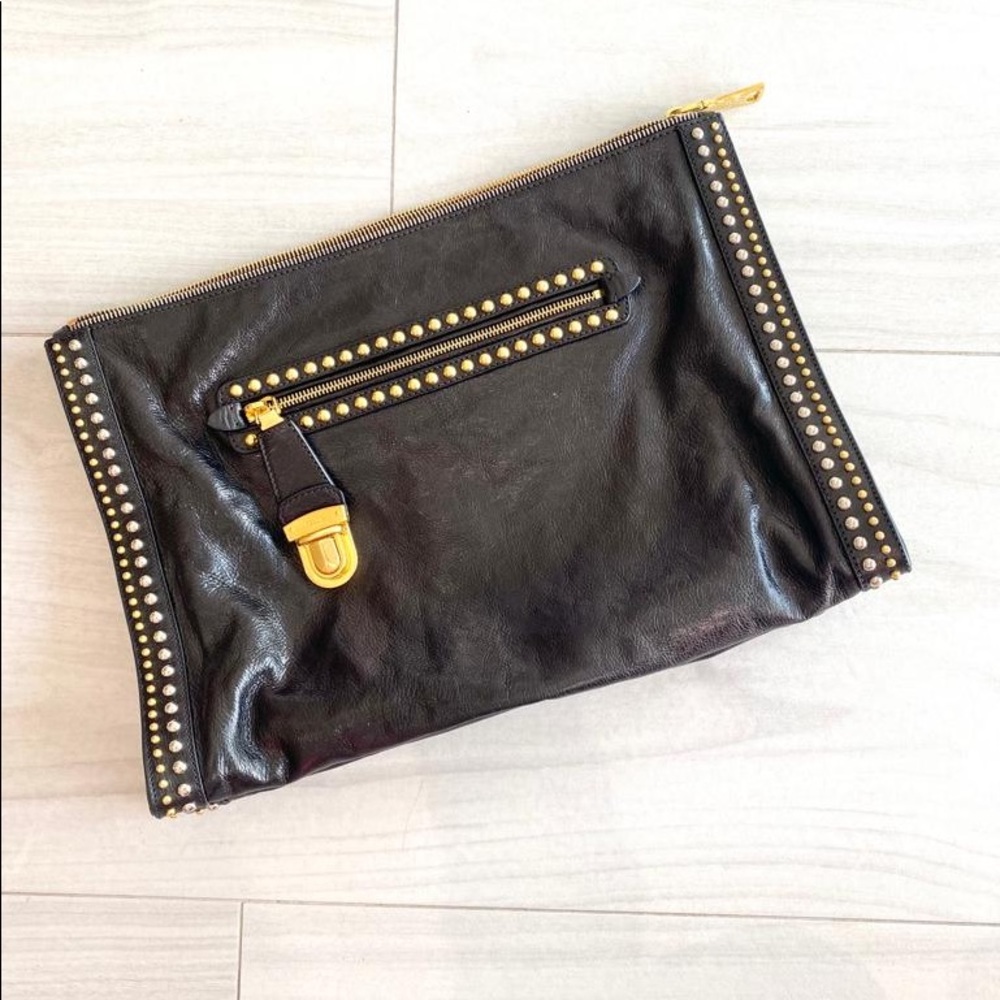 PRADA zippered & studded gold & sliver black leather clutch.💕